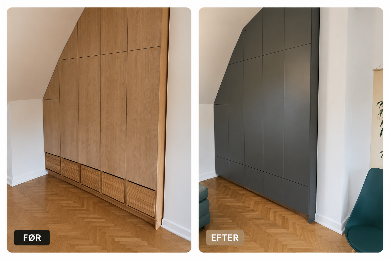 Indbygget garderobe før og efter lakering